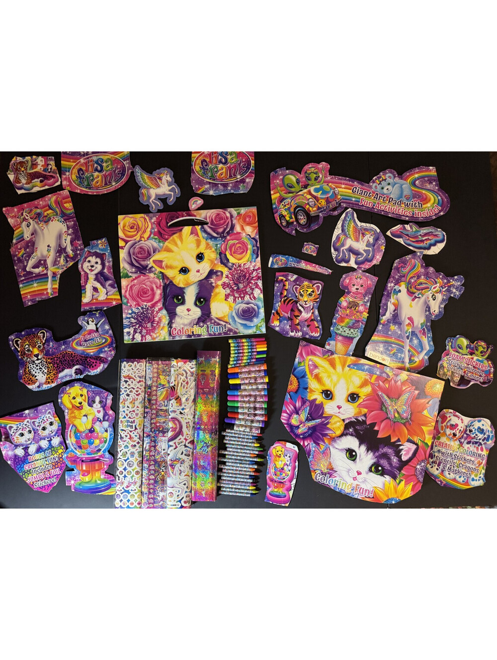 LISA FRANK Stickers, Art Pad, Markers, Crayons, and Box Logo Cutouts